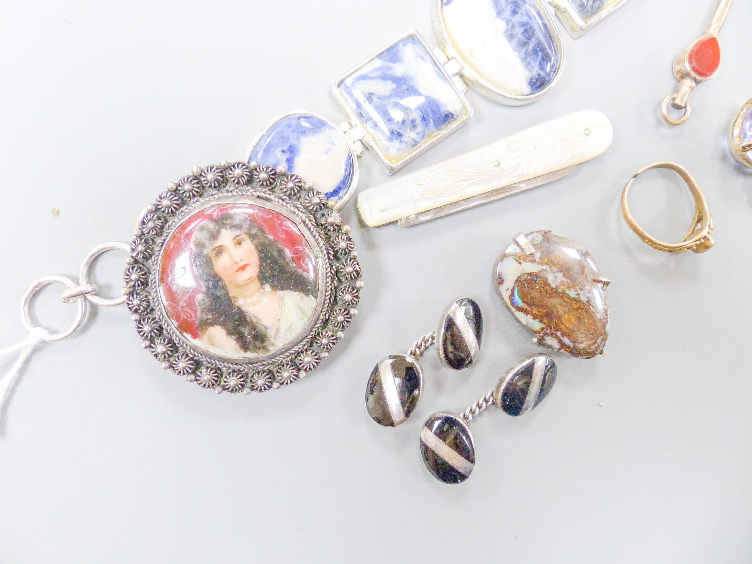 A Chinese ivory card case, costume jewellery etc.